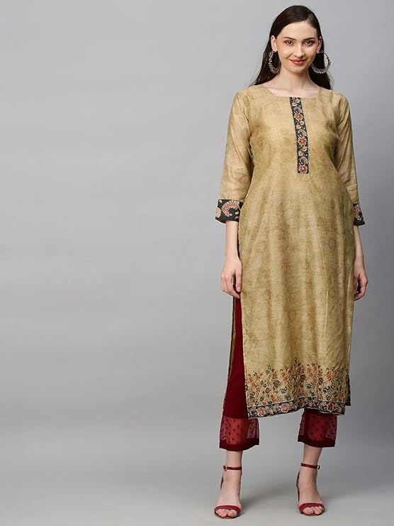 Thumbnail: Hand Embroidery Kurta Set for Women | Straight Fit Chanderi Kurta with Ethnic Pr