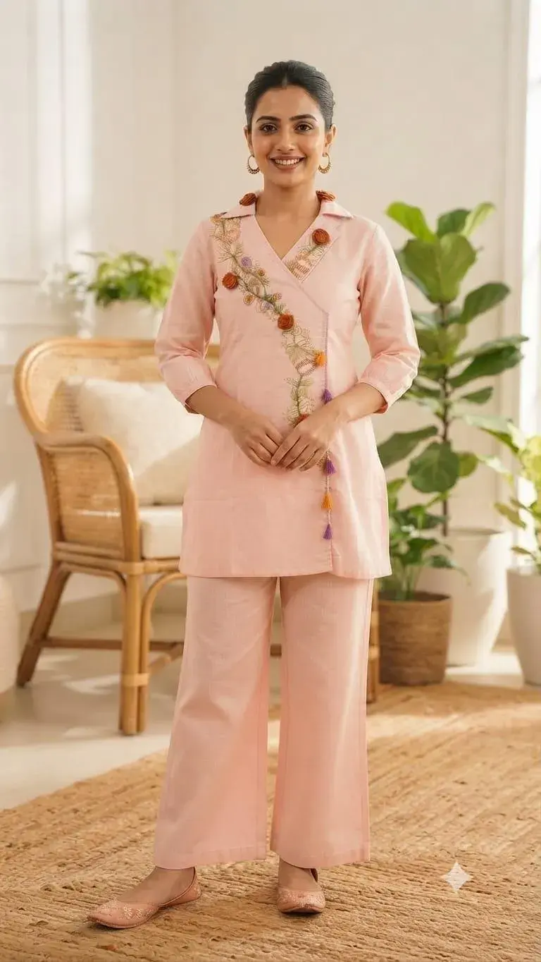 Pink cotton co ord set for women with floral embroidered top and matching wide leg pants