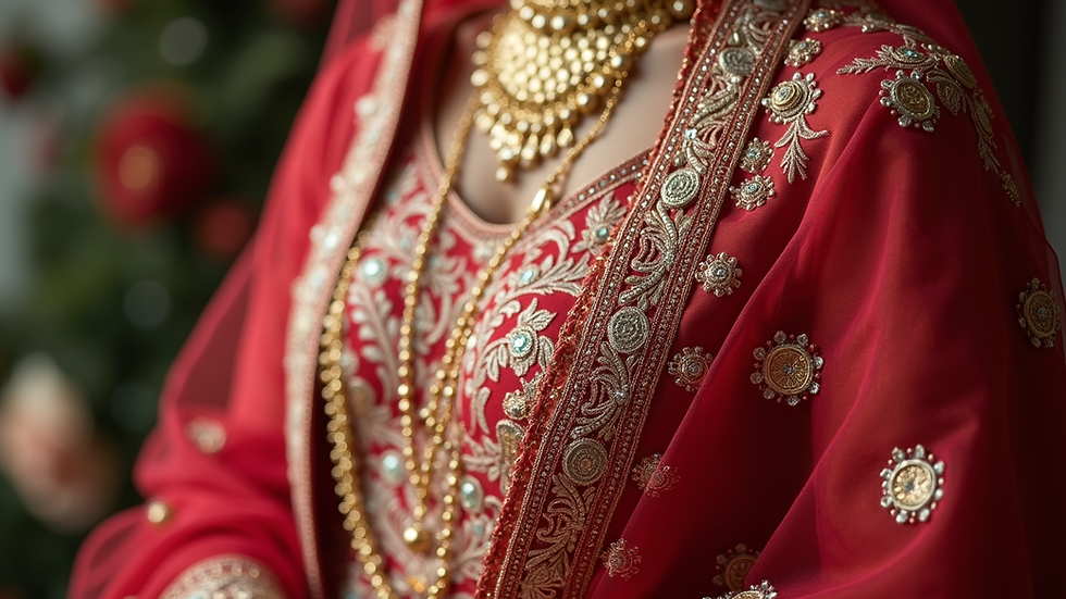 Close-up view of a richly embroidered dupatta draped over a wedding sharara suit