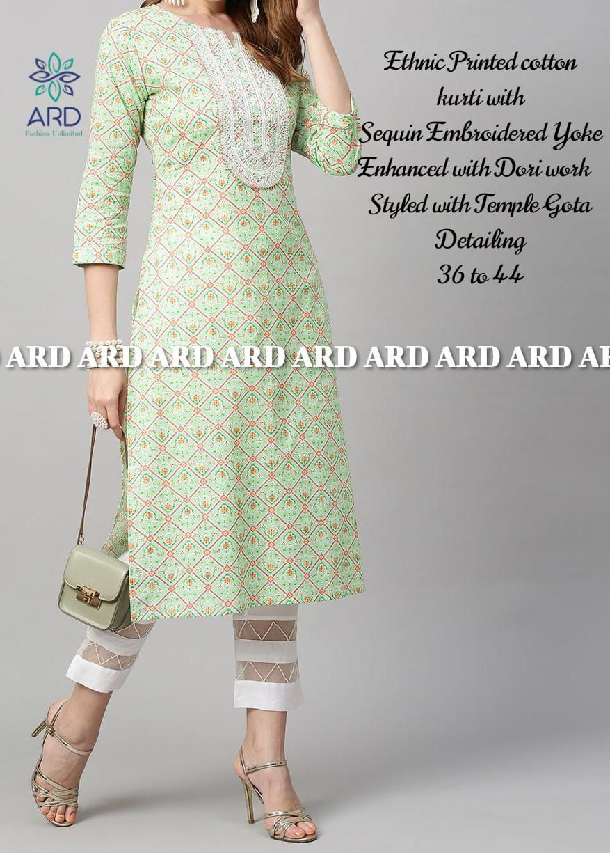 Thumbnail: Ethnic Printed cotton
kurti with sequence and dori embroidery