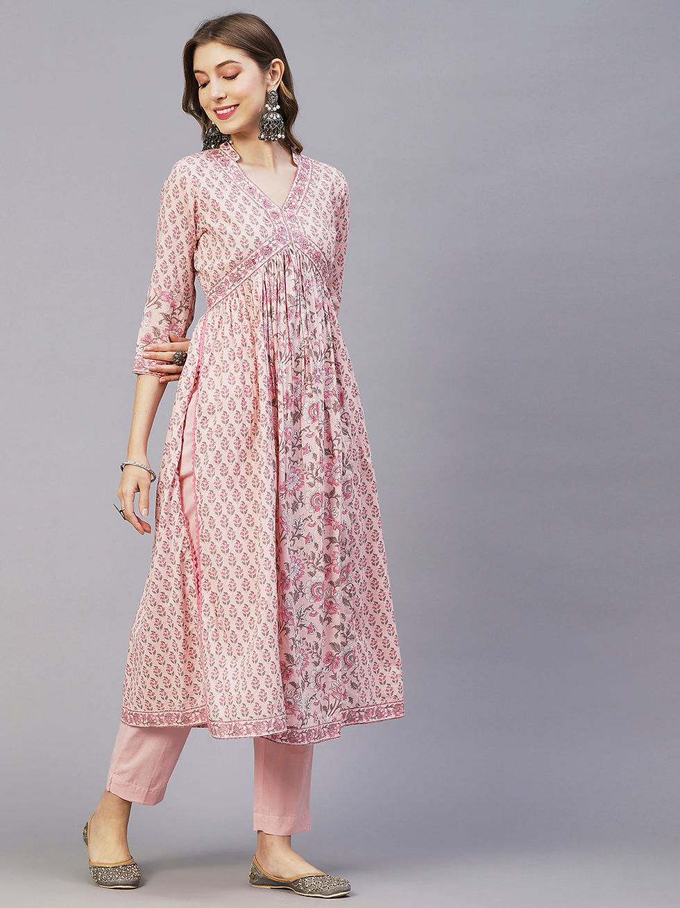 Thumbnail: Alia Cut Soft Cotton Suit Set with Floral Block Printed Dupatta |  Embroidered 