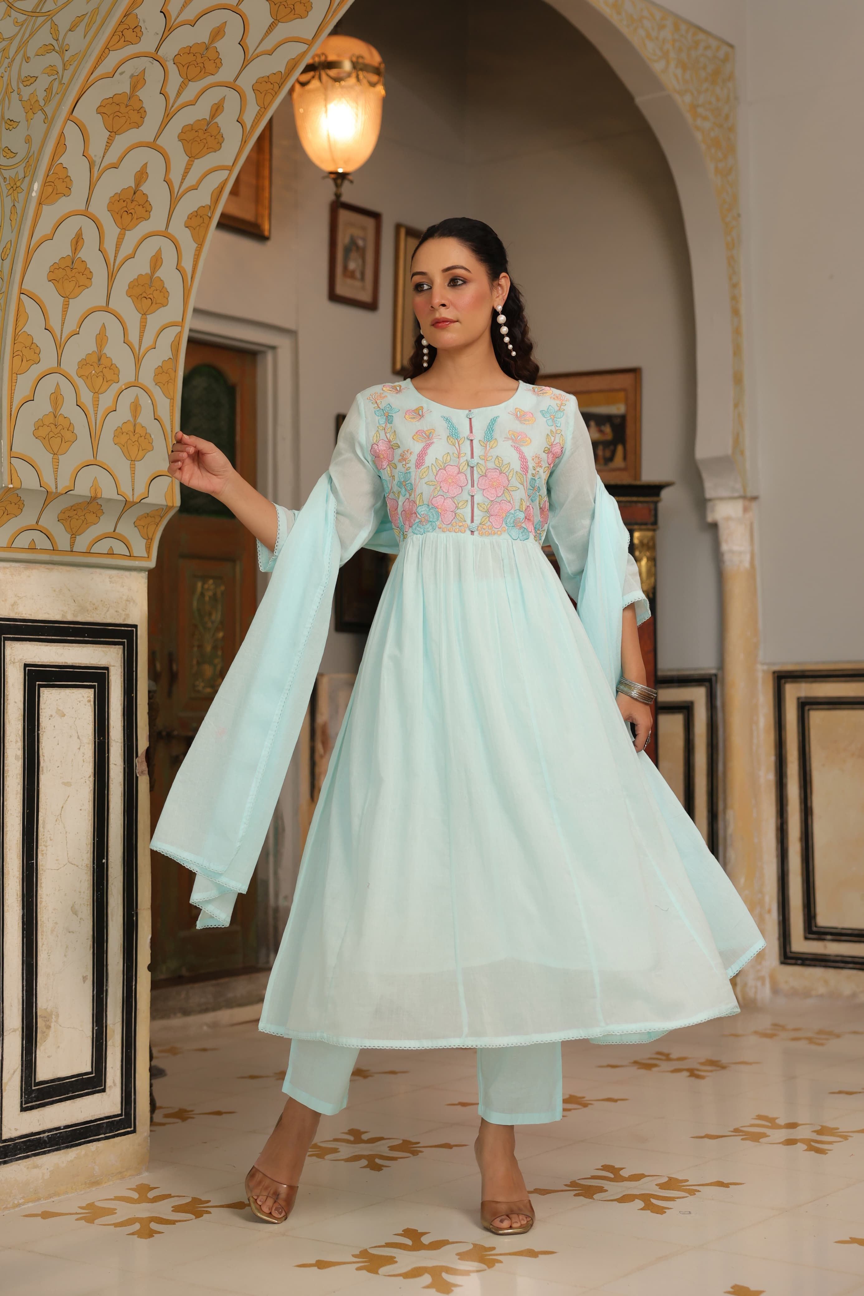 Mul cotton suit for women in turquoise color with kurta and pants