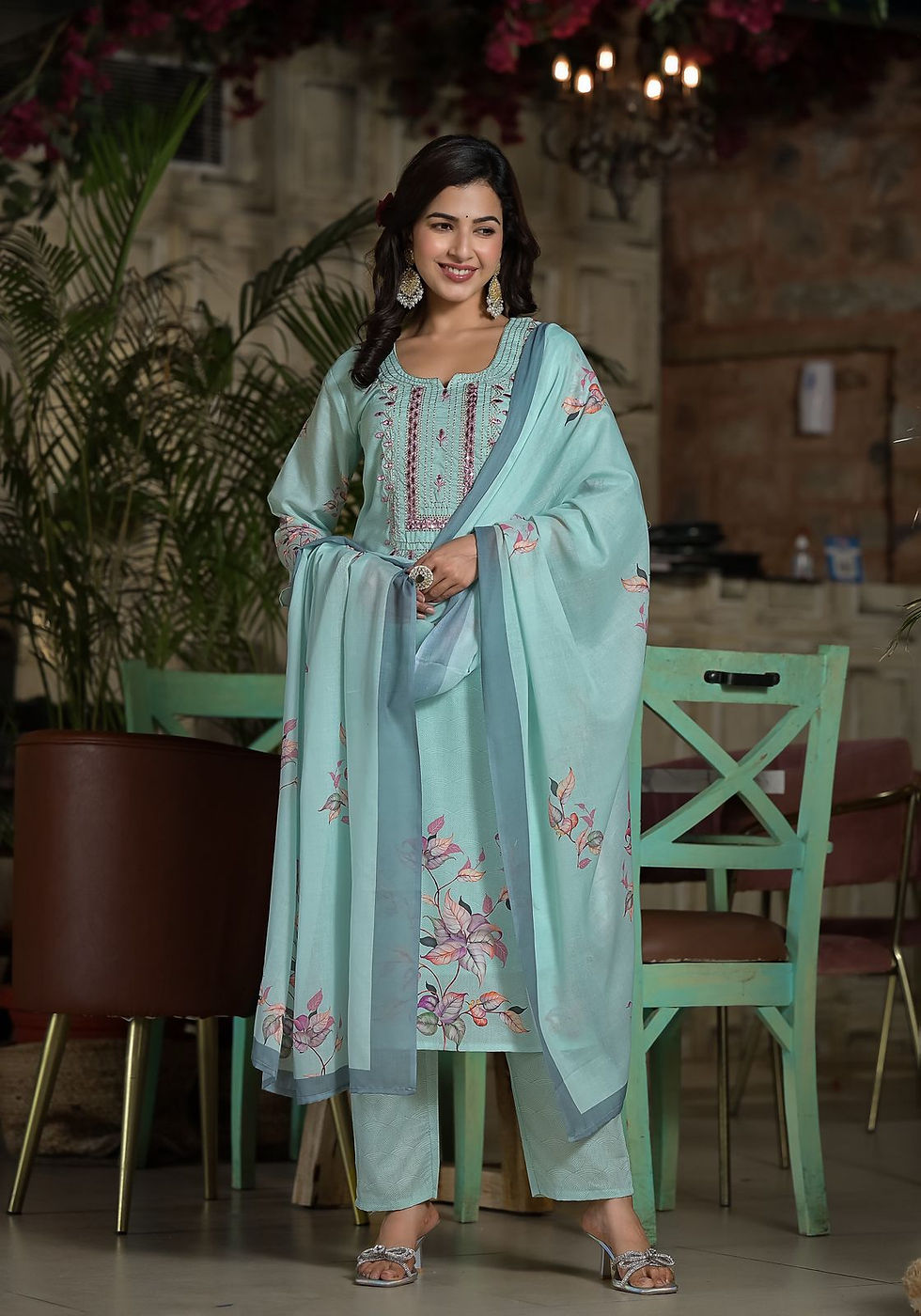 Thumbnail: Firozi Muslin Exclusive Embroidered Suit with Mulmul Dupatta
