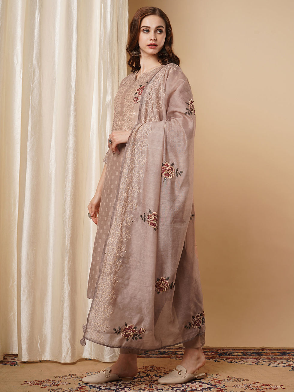 Thumbnail: Camel Brown Party Wear Suit with Heavy Dupatta
