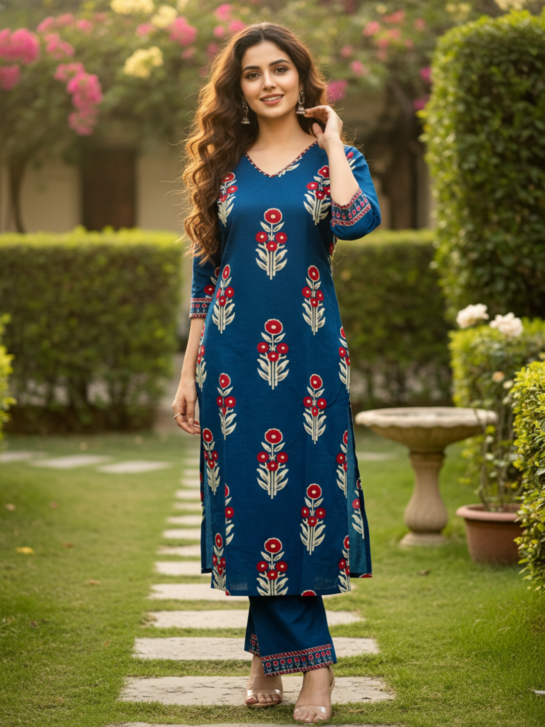 Navy Blue Sequin Embellished Cotton Kurta Pant Set for Women | Ethnic Co-Ord Set