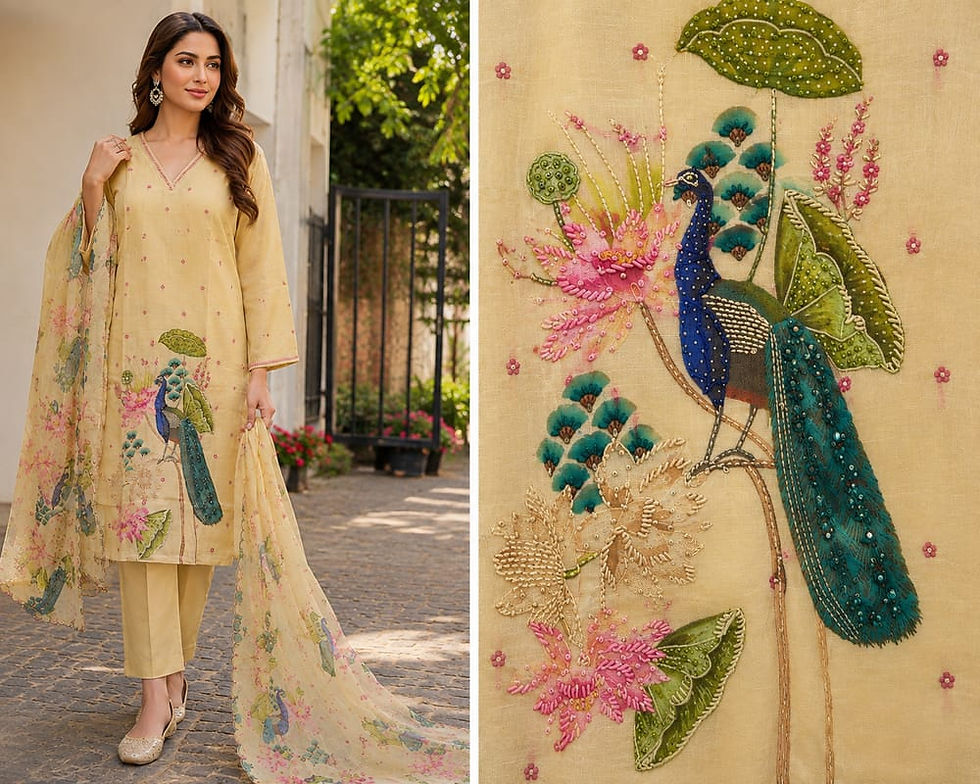 Thumbnail: Peacock Lotus Digital Print Linen Suit Set with Booti Embroidery

