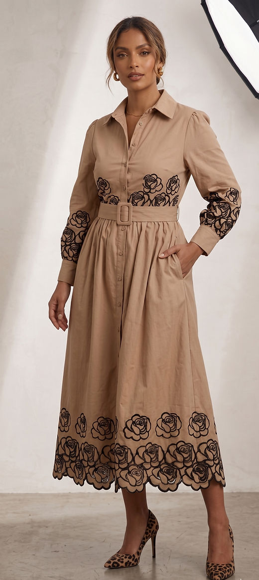 Premium Embroidered Rose Shirt Dress - Cotton Midi Dress | Ard Collections Premium Embroidered Rose Shirt Dress - Cotton Midi Dress | Ard Collections