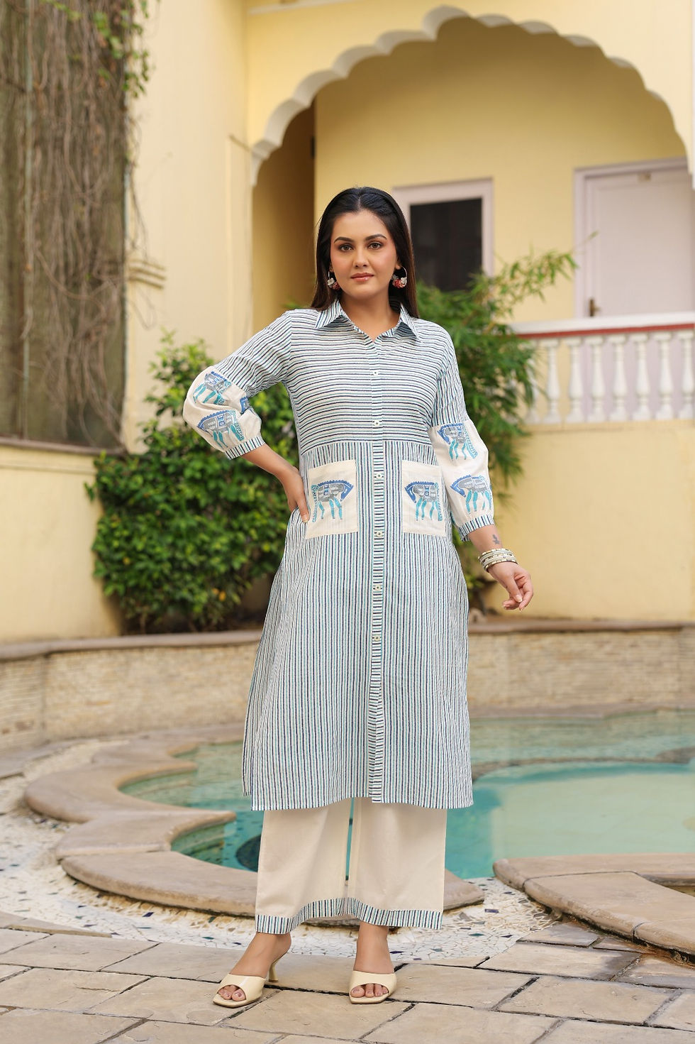 Thumbnail: Cotton Kurta Set for Women | Indo-Western Co-Ord Set with Palazzo