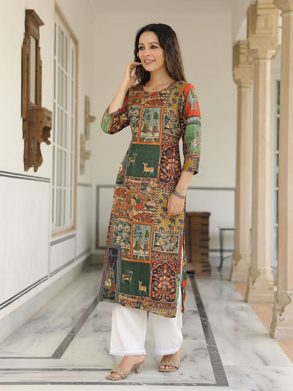 Thumbnail: Pichwai Printed & Kantha Sequin Embroidered Kurti For Women 