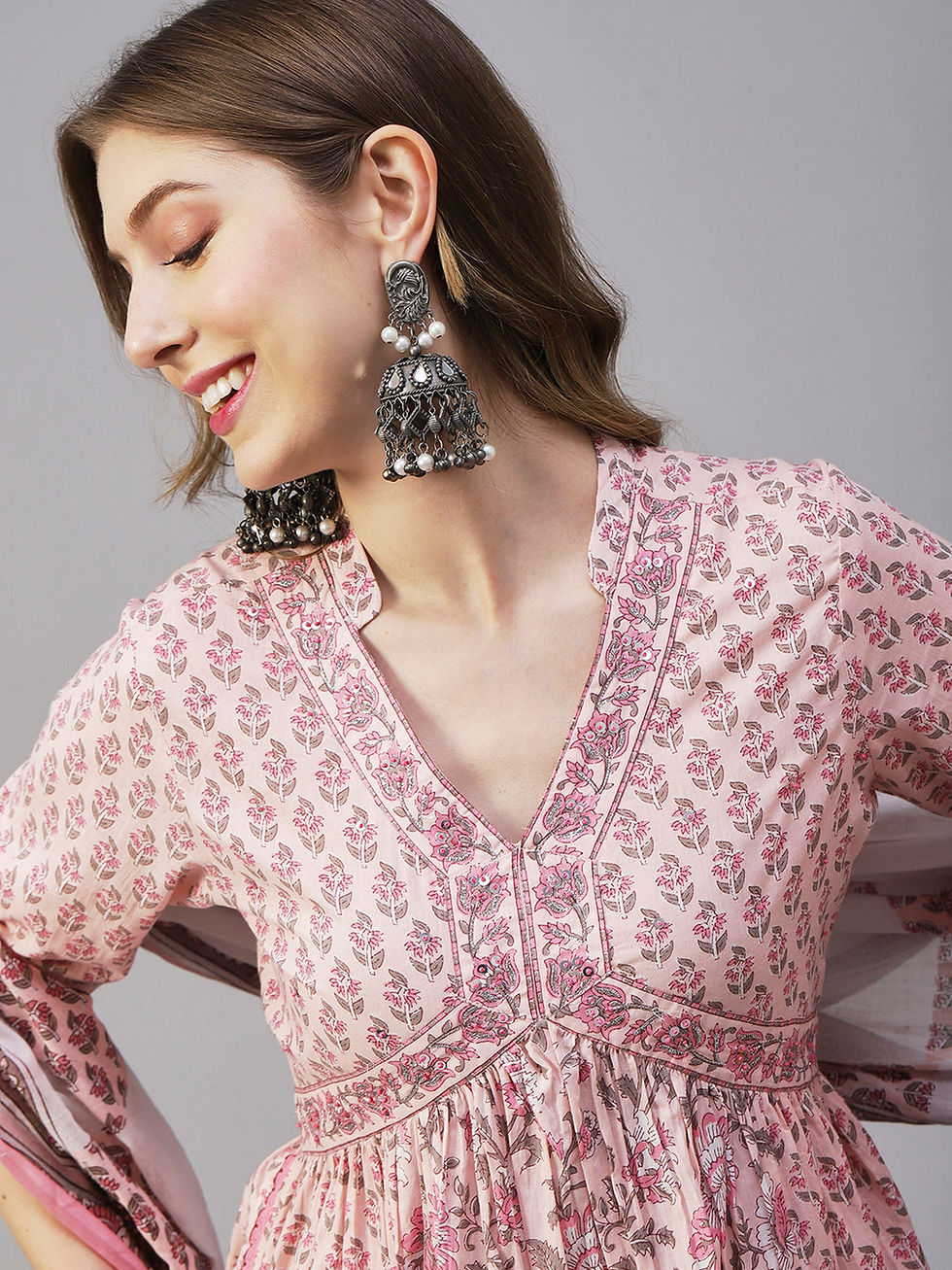 Thumbnail: Alia Cut Soft Cotton Suit Set with Floral Block Printed Dupatta |  Embroidered 