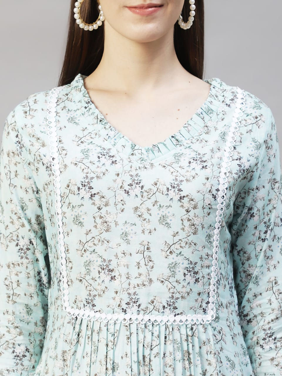Thumbnail: Aqua blue floral print kurti 