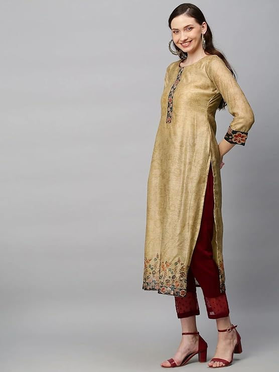 Thumbnail: Hand Embroidery Kurta Set for Women | Straight Fit Chanderi Kurta with Ethnic Pr