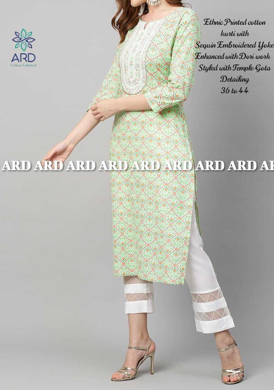 Thumbnail: Ethnic Printed cotton
kurti with sequence and dori embroidery