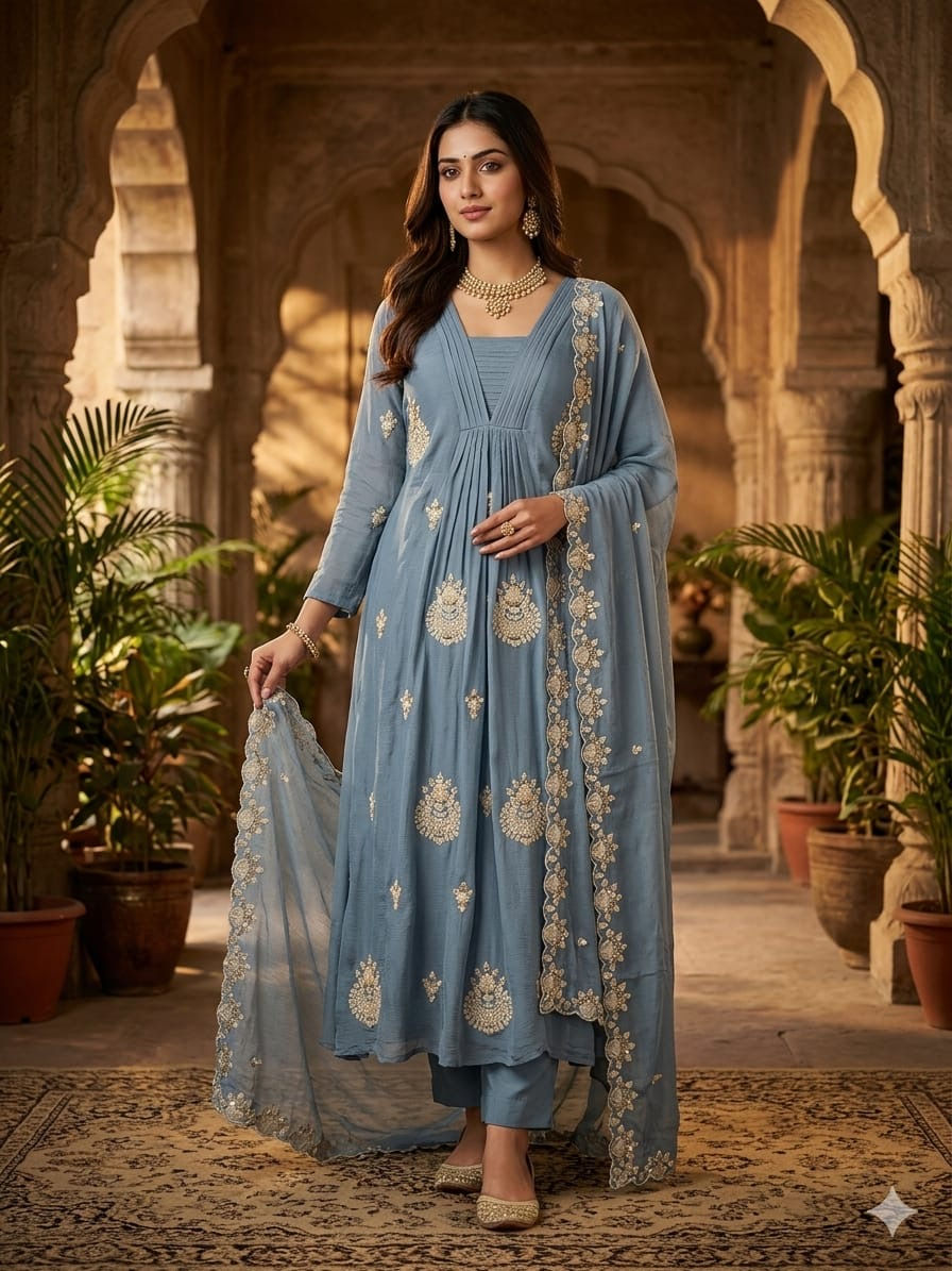 Heavy Party Wear Chinon Suit Set for Women with Hand Work and Heavy Embroidered Dupatta Wedding Salwar Suit