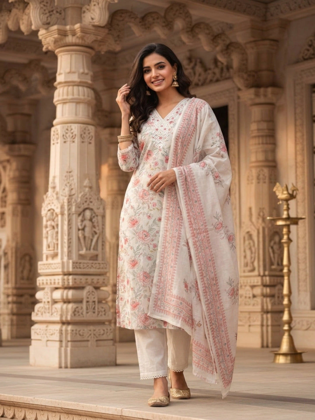 Off White Embroidered Kurta Set with Floral Printed Dupatta for Women