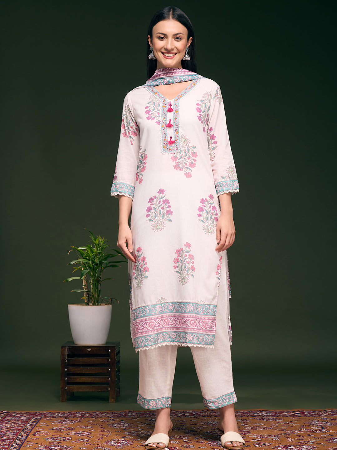 Plus Size White Floral Pure Cotton Suit Set | Sequin Mul Cotton Dupatta