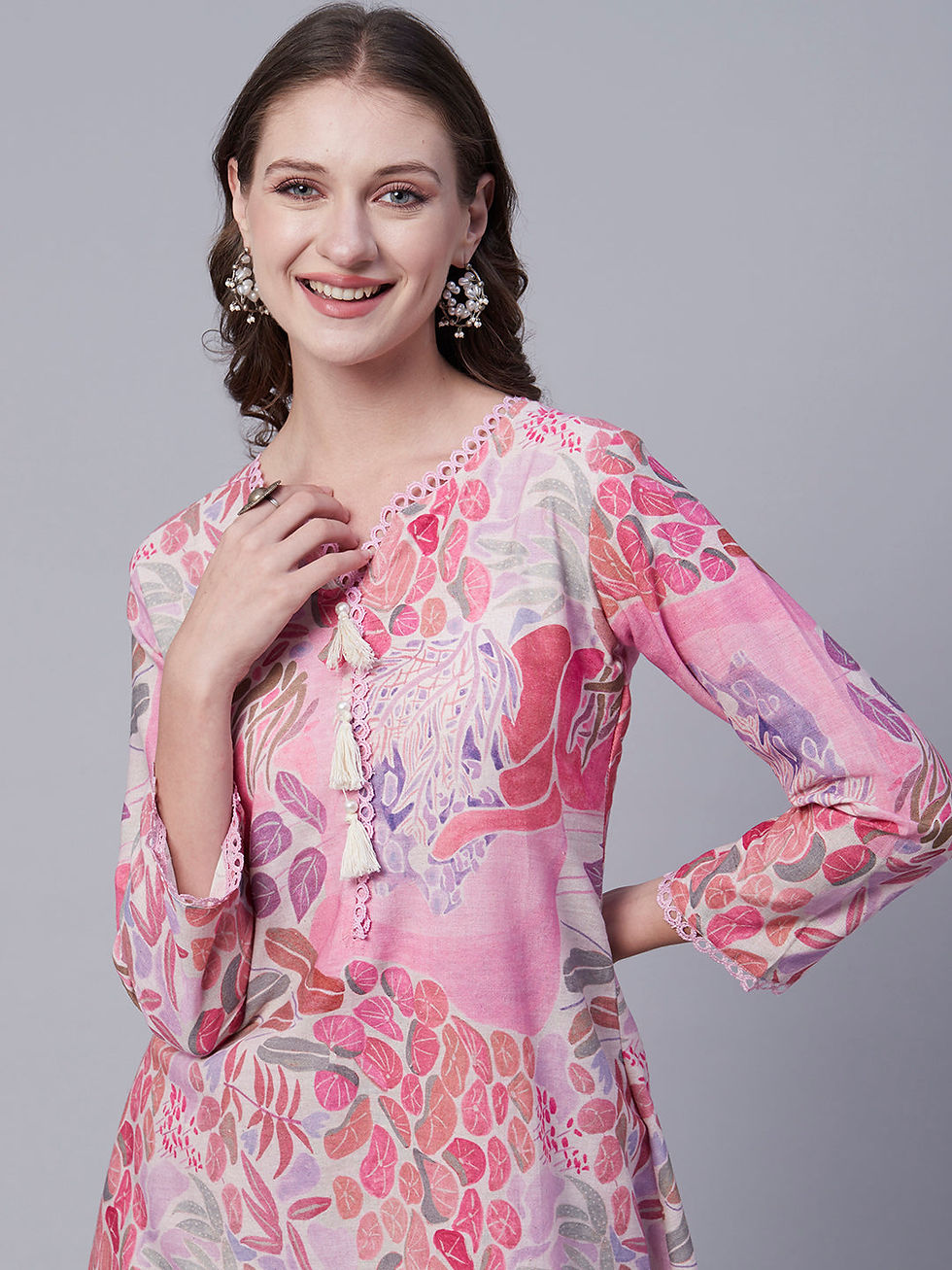 Thumbnail: Abstract Printed Pearl, Fringed Tassels & Crochet Lace Kurta With Harrem pants