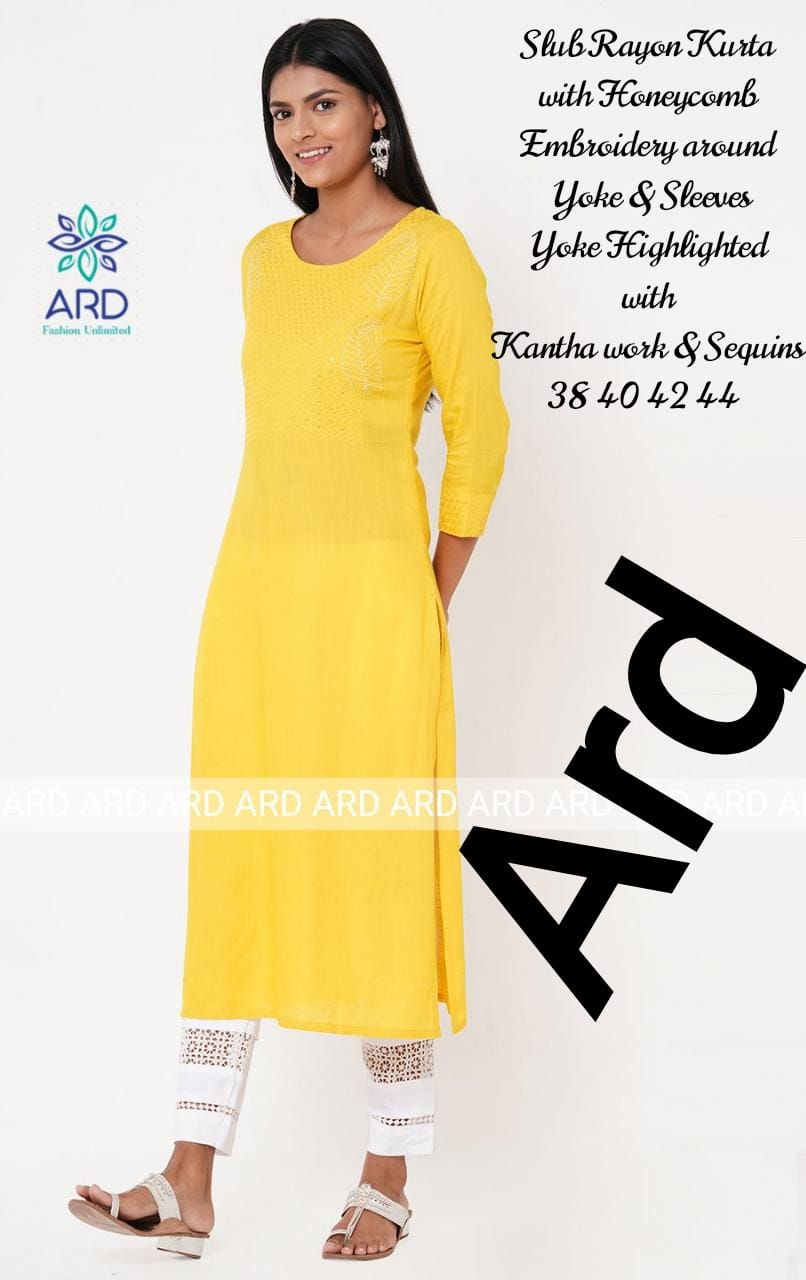 Thumbnail: Slub Rayon Kurta with sequence and kantha  work