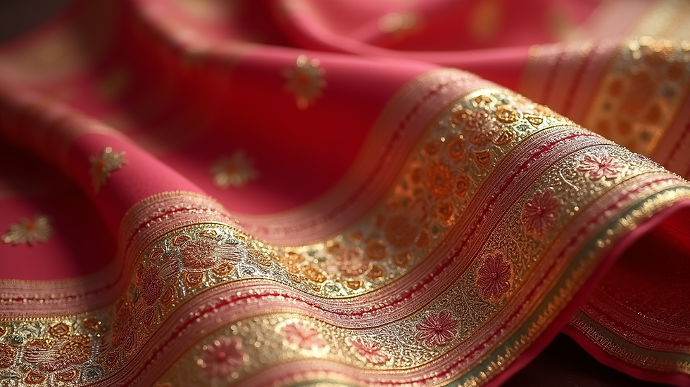 Close-up view of a silk saree with intricate embroidery and gold border