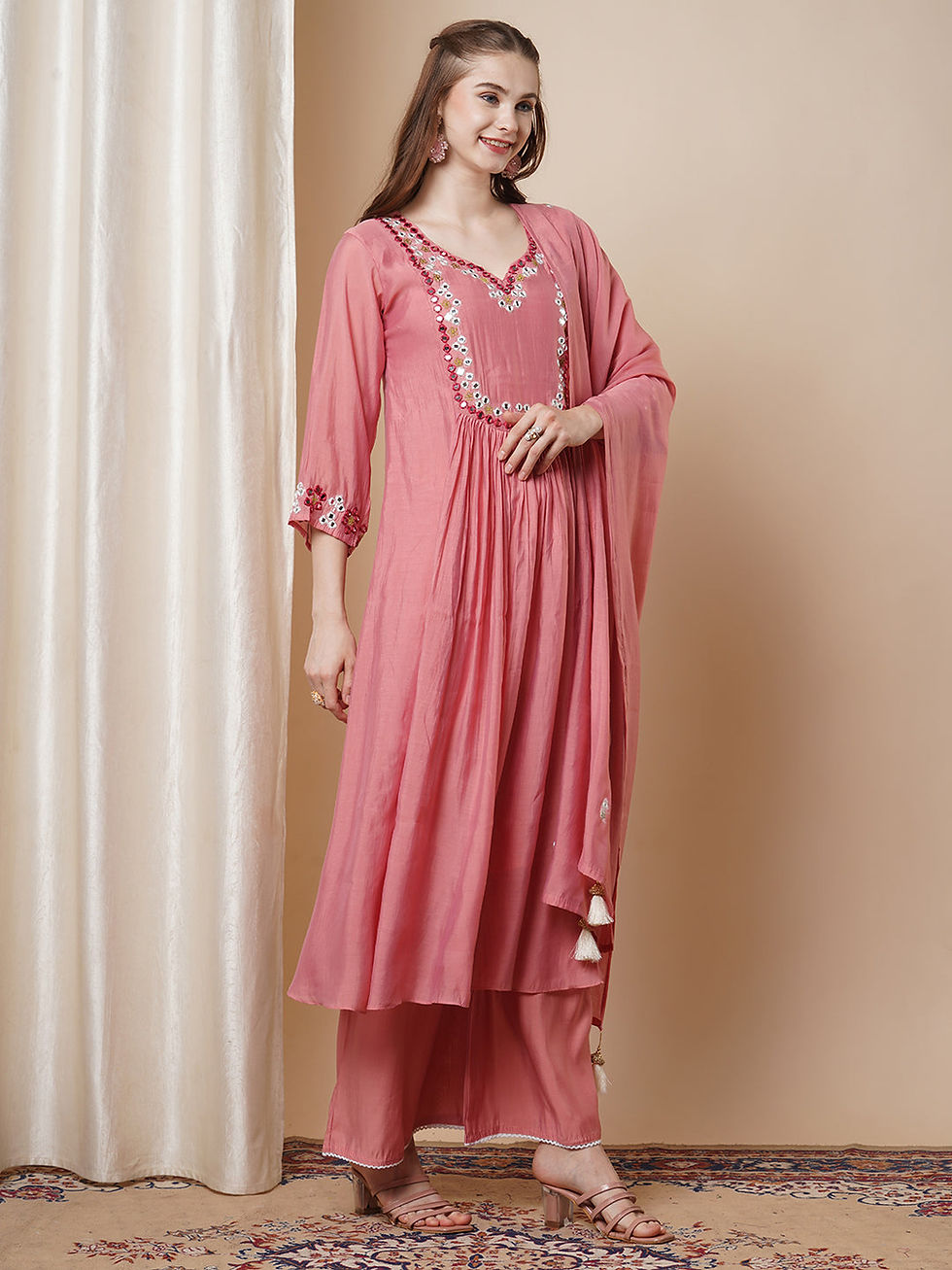Thumbnail: Hand Embroidered A line Pleated Kurta Set 
