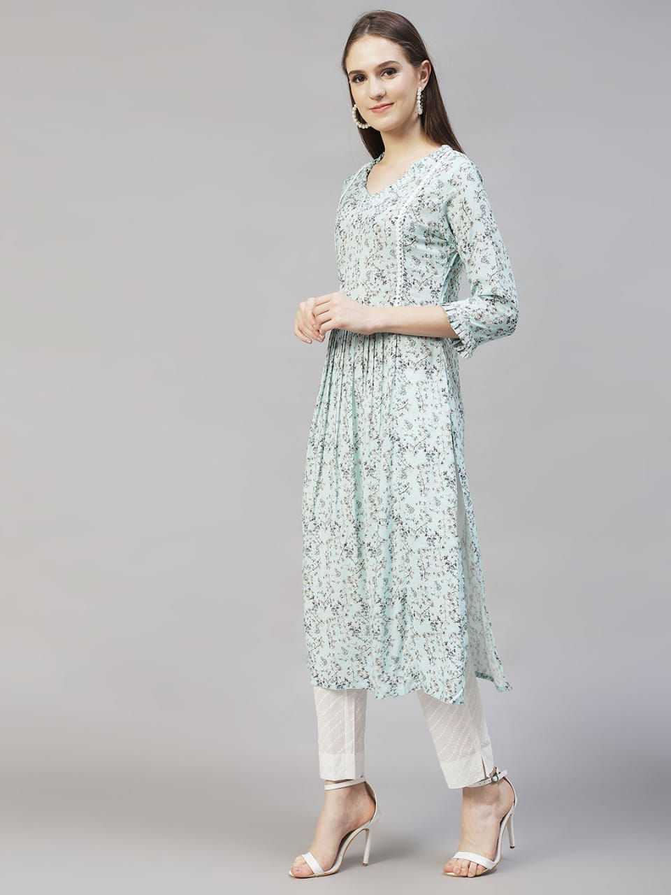 Thumbnail: Aqua blue floral print kurti 