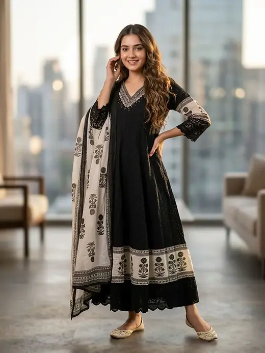 Black Anarkali Kurta Set with Dupatta | Cotton Party Wear Anarkali Suit Women | Ard Collections Black Anarkali Kurta Set with Dupatta | Cotton Party Wear Anarkali Suit Women | Ard Collections