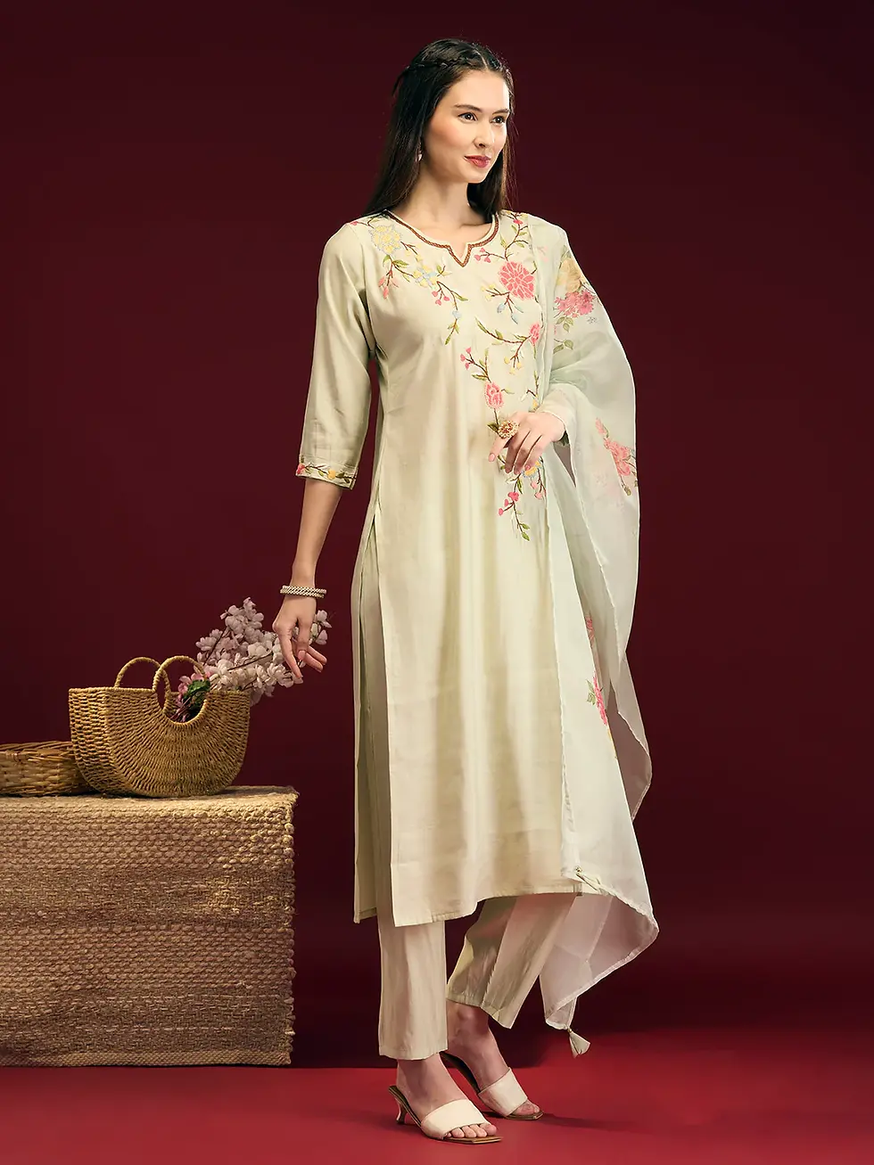 Thumbnail: Designer Green Kurta with Pant and Printed Dupatta