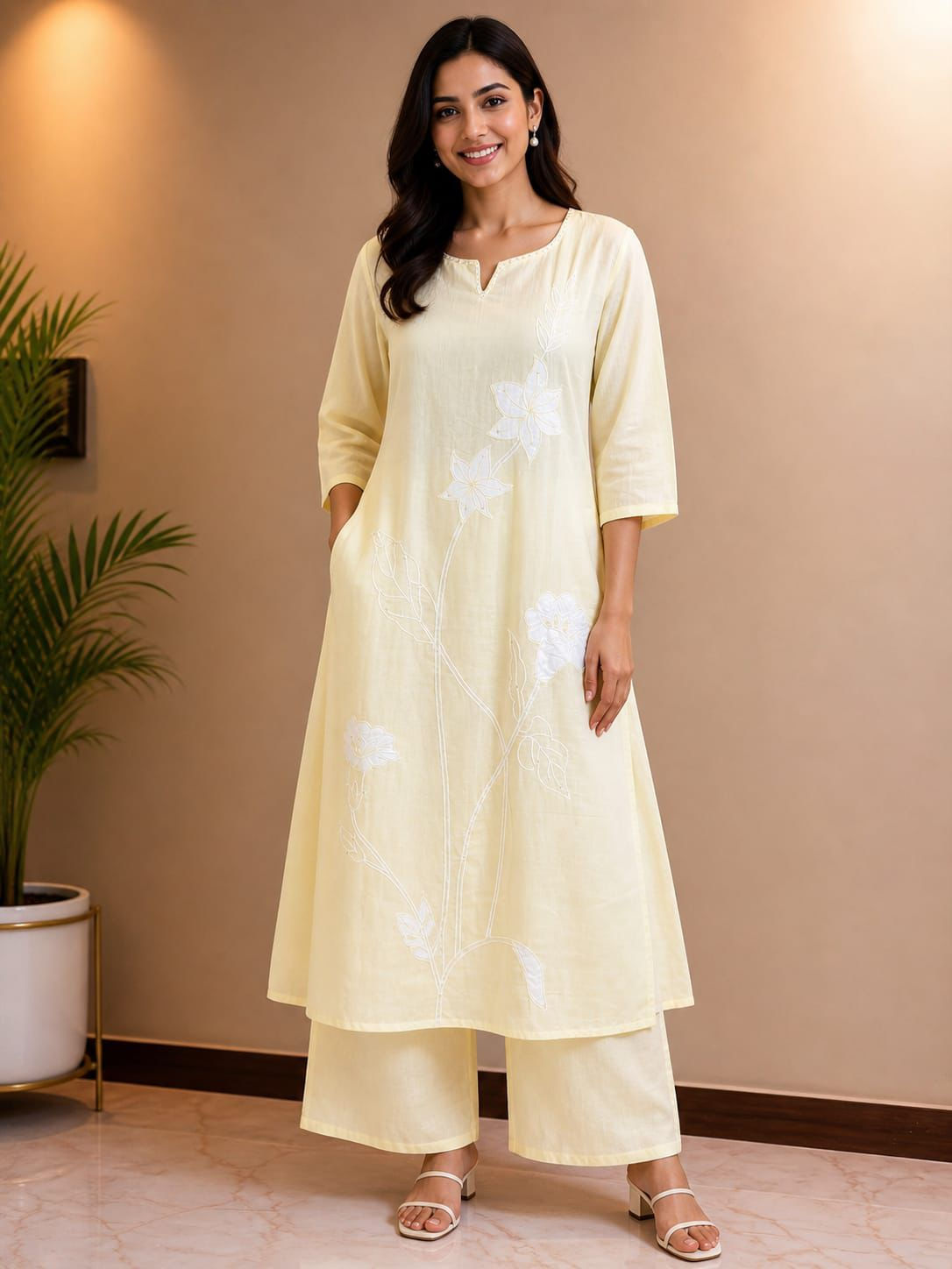Women wearing soft mulmul cotton floral embroidered kurta set with palazzo in breathable mal cotton fabric for summer ethnic