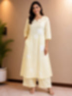 Women wearing soft mulmul cotton floral embroidered kurta set with palazzo in breathable mal cotton fabric for summer ethnic
