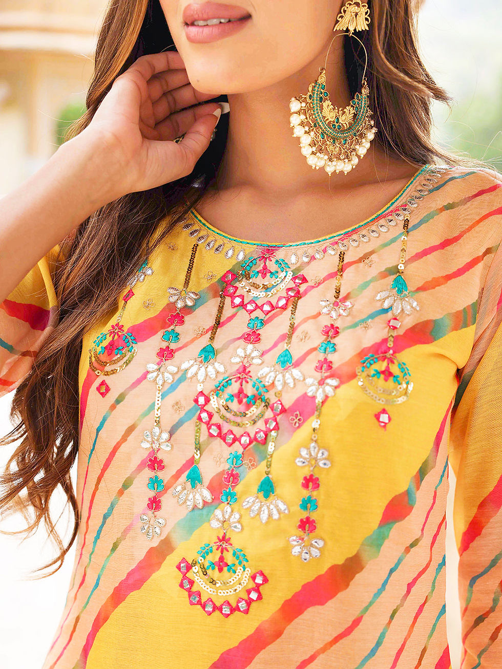 Thumbnail: Beautiful Ethnic Yellow lehriya readymade Kurti Perfect Haldi look