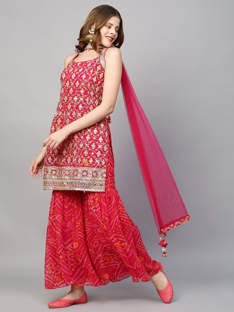Thumbnail: Wedding Sharara Suit - Hot Pink Georgette Embroidered Kurta with Net Dupatta