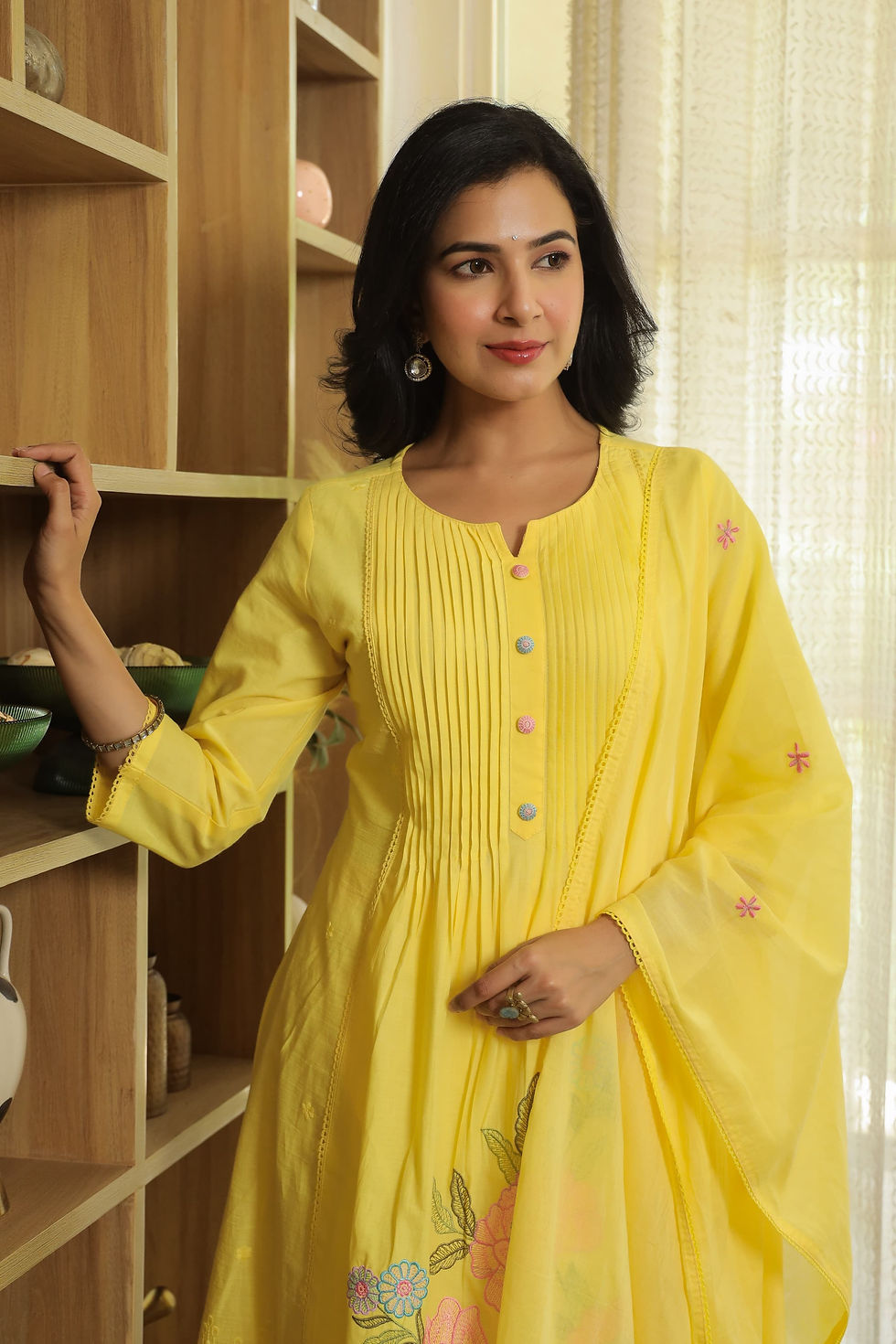 Thumbnail: Yellow Mul Cotton Floral Embroidered Suit with Dupatta for Women