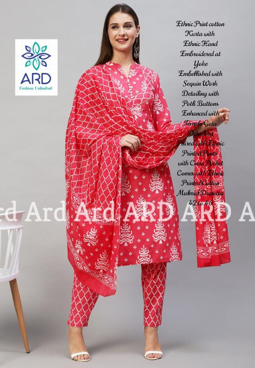 Thumbnail: Ethnic Print cotton plus size kurta set Kurta with pant and duppata