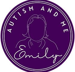 Emily, Autism and Me logo which is two white circles with an outline of Emily's head and shoulders. Around the outline is text reading Emily Autism and Me. 
