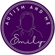 Emily, Autism and Me logo which is two white circles with an outline of Emily's head and shoulders. Around the outline is text reading Emily Autism and Me. 