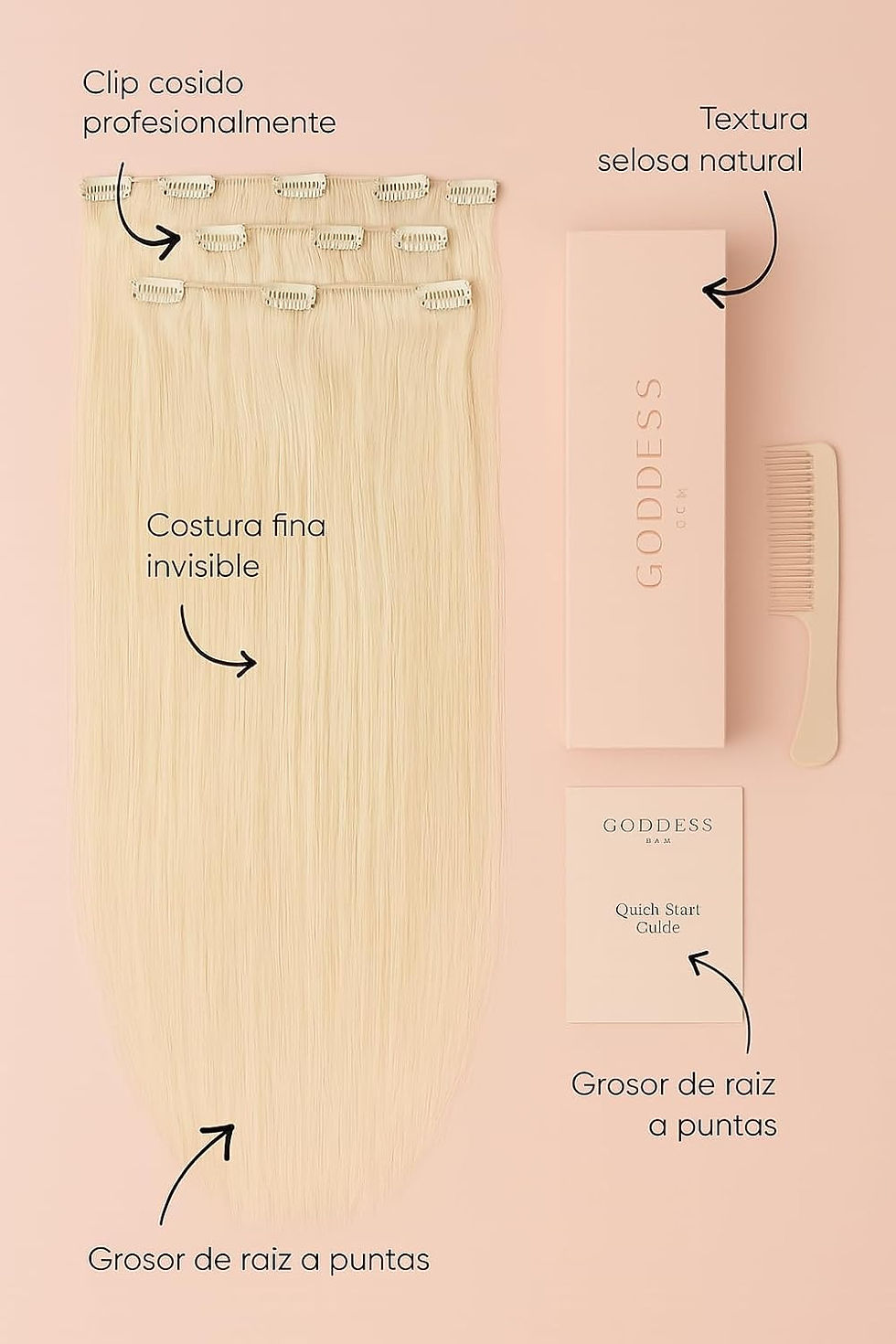 Miniatura: Extensiones de Pelo Remy con Clips –50 cm, 80 g, 7 Piezas (#60A Nordic Blonde)