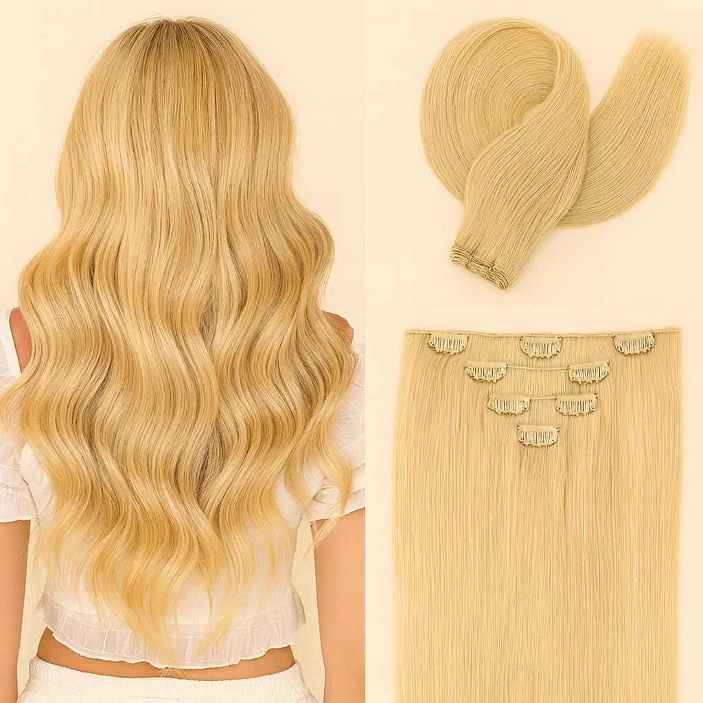 Extensiones de Pelo Natural Remy con Clips –50 cm, 80 g, 7 Piezas –(#613 Blonde)