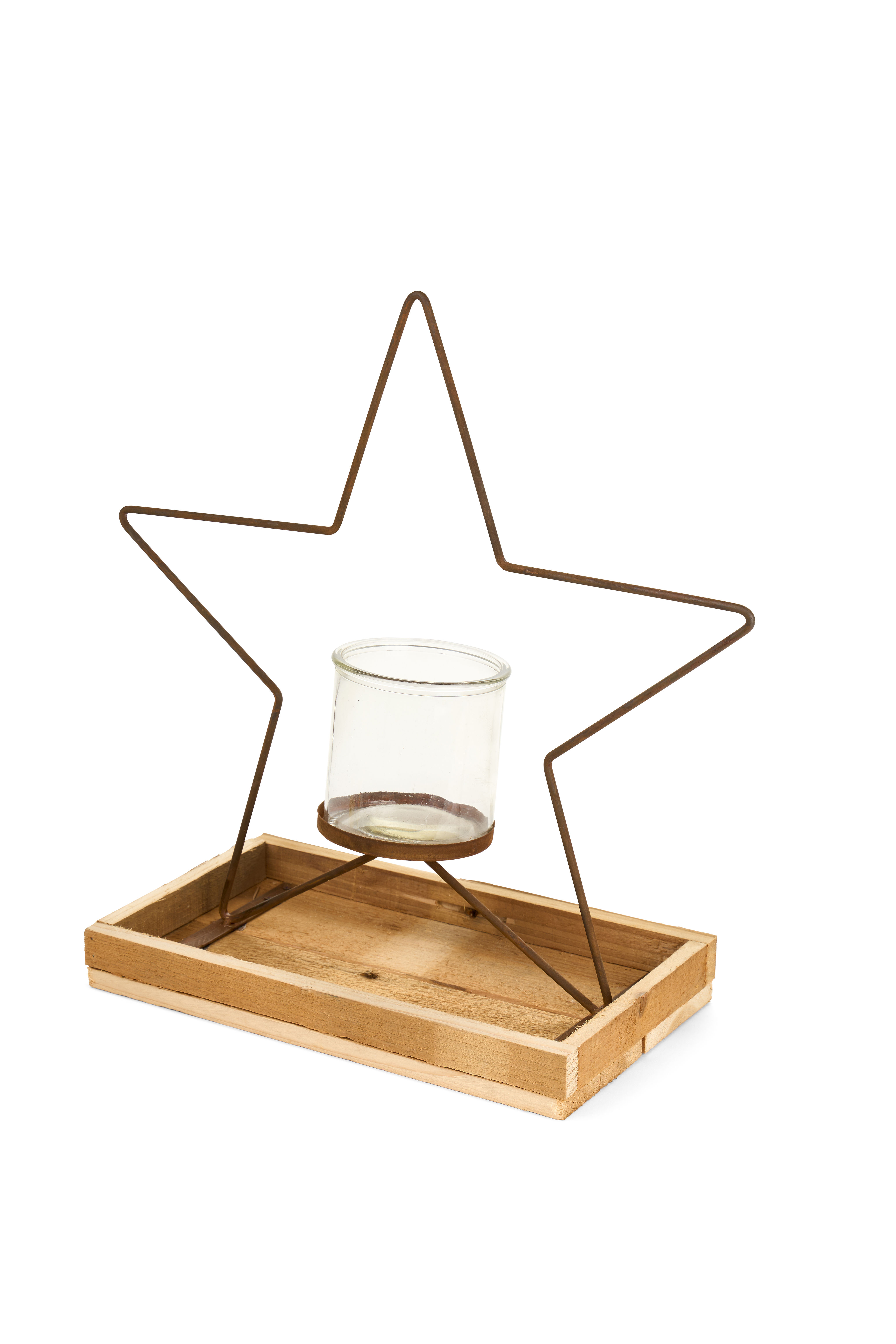 Stella portacandela in metallo cortene con base in legno