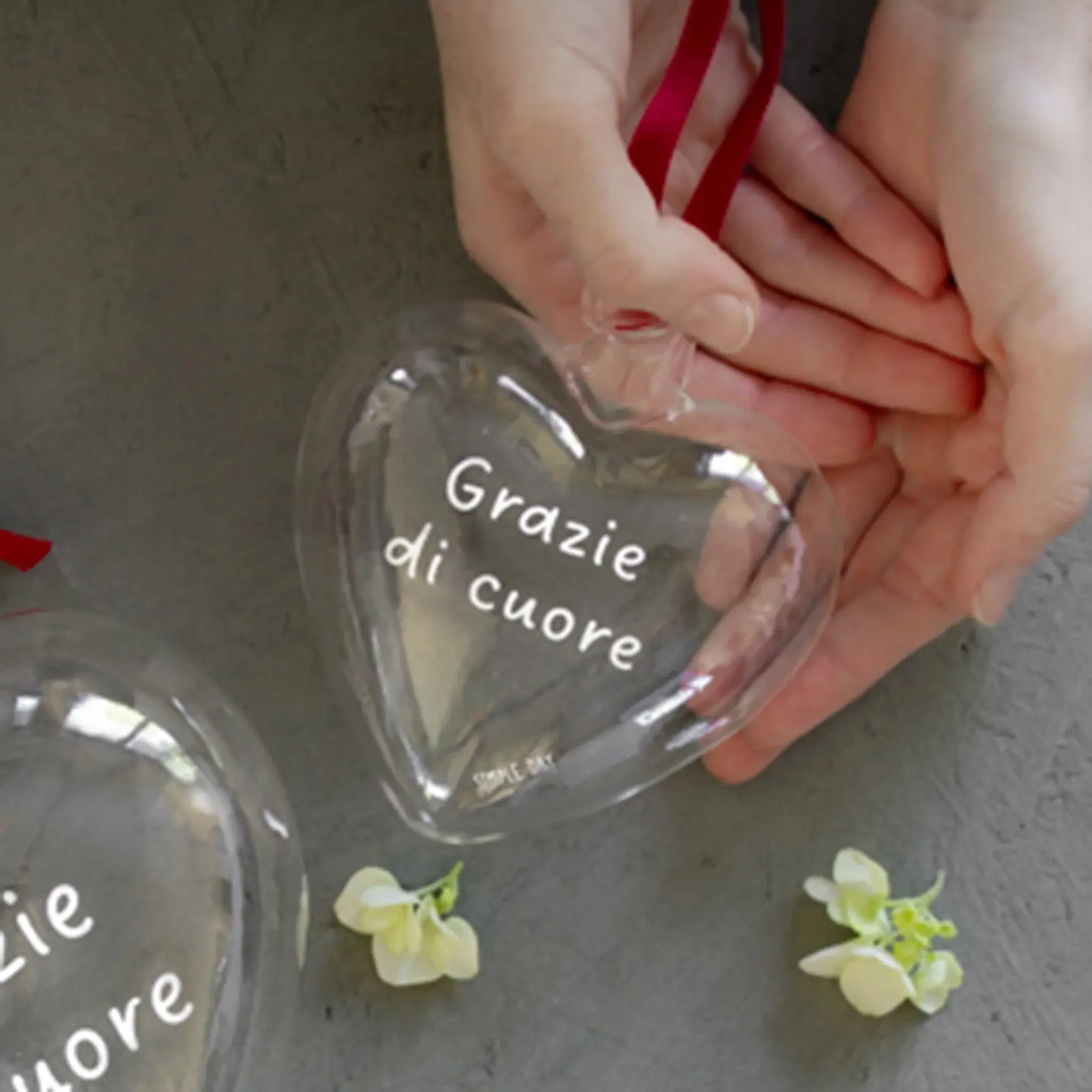 Pallina Cuore VETRO borosilicato con scritta GRAZIE DI CUORE