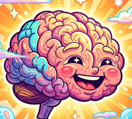 Cartoon brain with a happy face, starry eyes, and a colorful surface. Background has bright sun rays, clouds, and glowing stars.