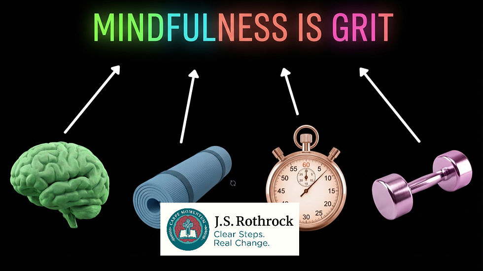 Brain, yoga mat, stopwatch, and dumbbell on black. Text: "MINDFULNESS IS GRIT." Logo: J.S. Rothrock, "Clear Steps. Real Change."