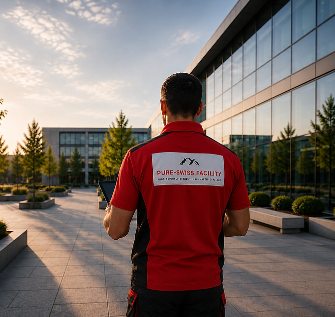 PURE-SWISS FACILITY Mitarbeiter vor einem modernen Gebäude.