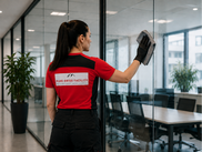 Mitarbeiterin von PURE-SWISS FACILITY reinigt eine Glaswand in einem modernen Bürogebäude während der professionellen Unterhaltsreinigung.