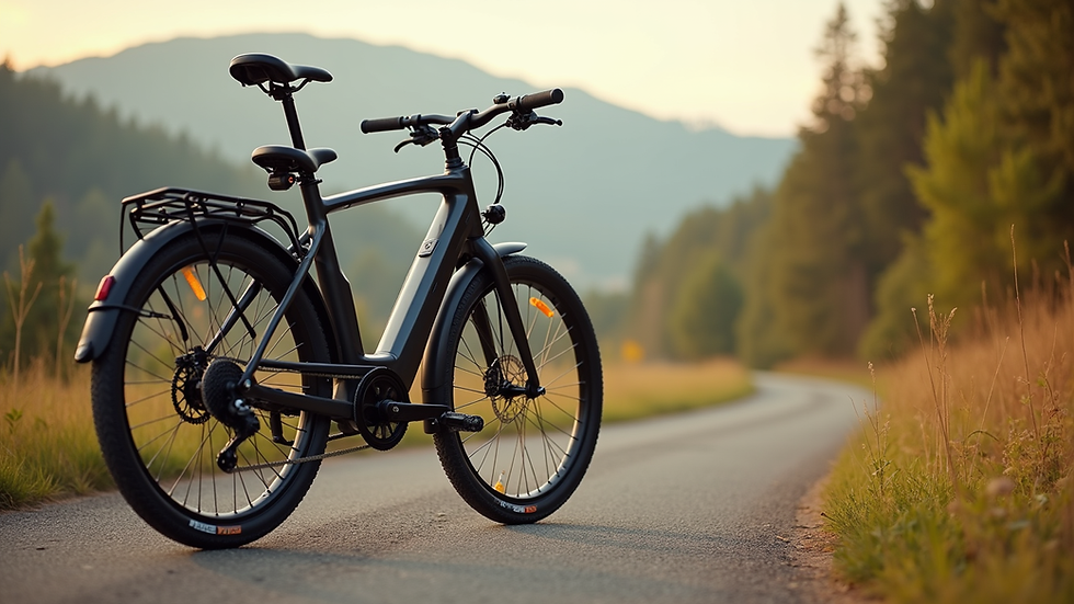 Eye-level view of a sleek electric bike parked on a scenic trail