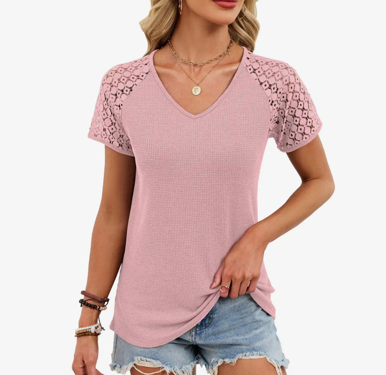 Lace sleeve top - pink