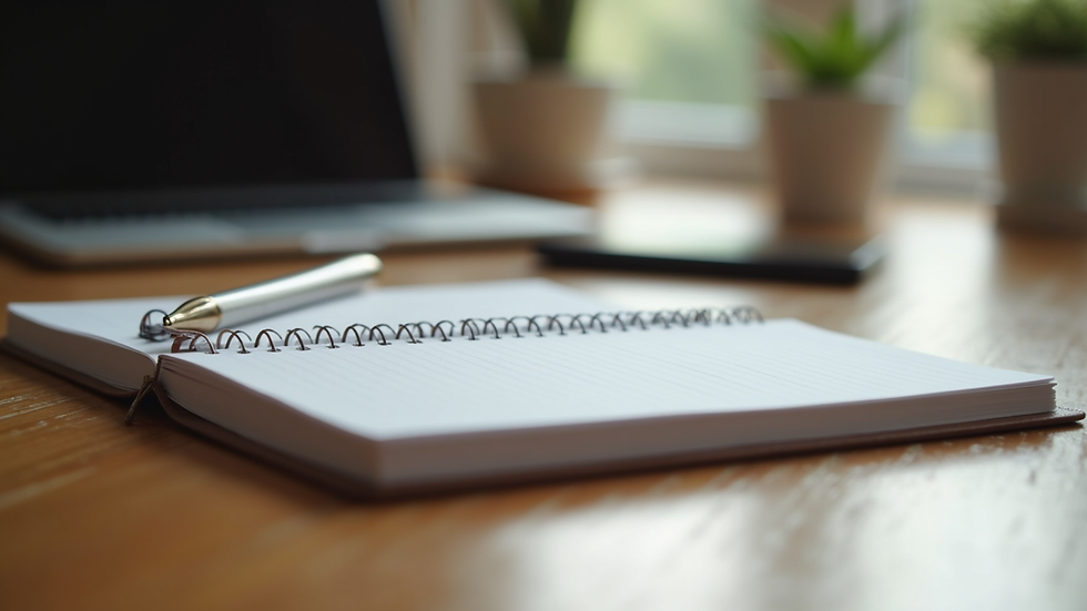 Close-up view of a journal and pen on a wooden table, symbolising reflection and planning