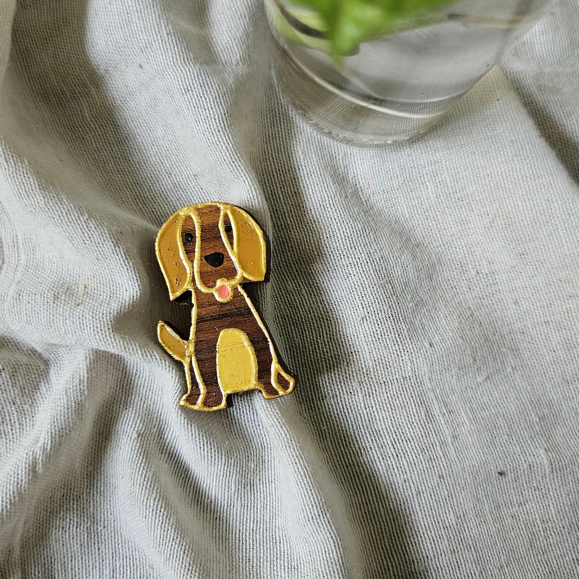 (Rustom)hand painted puppy wooden brooch