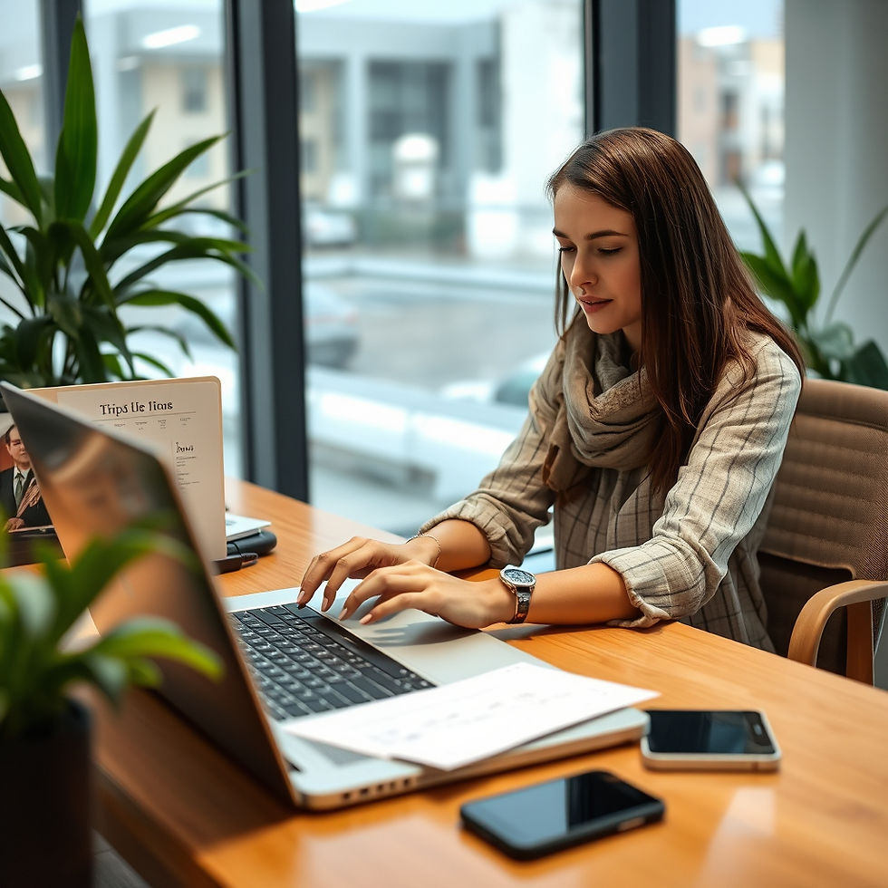 Woman typing on a laptop at a wooden desk with phones and a paper titled "Trips to Places." Large window view, plants, relaxed mood.