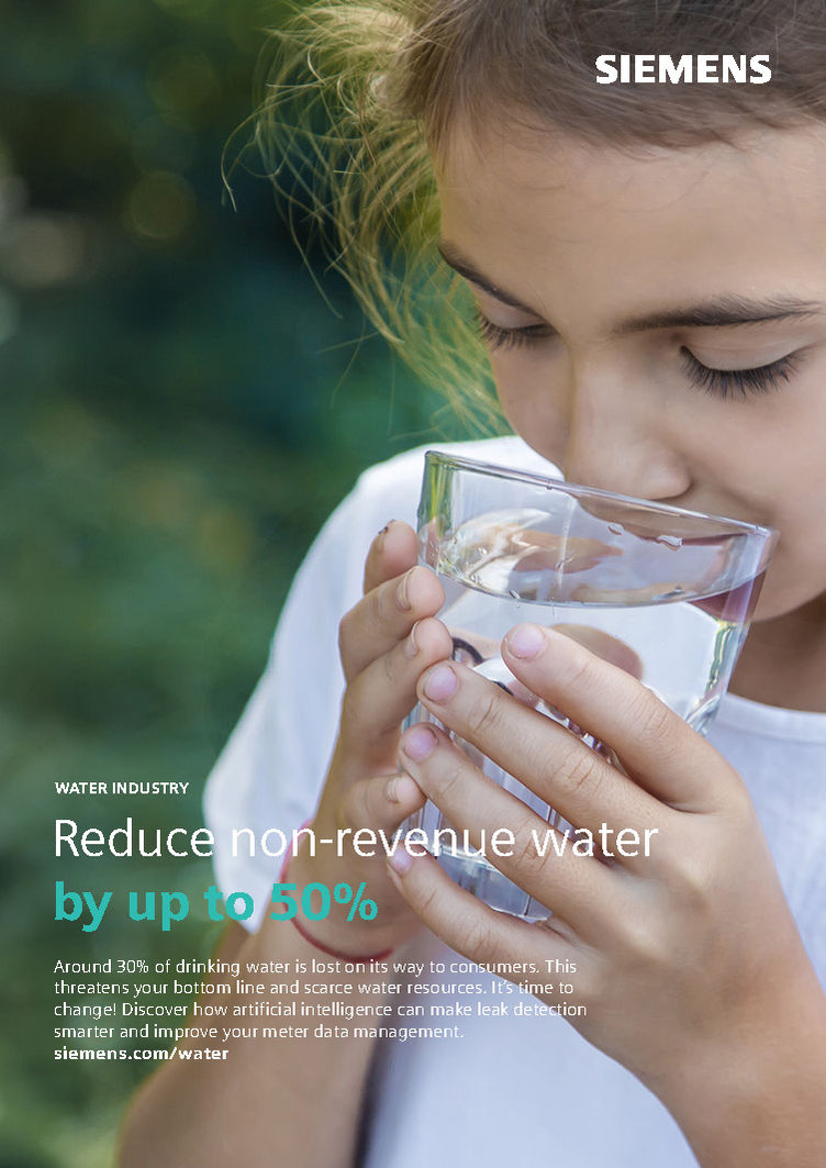 Siemens Water Flyer Main Page showing a young girl outside drinking clear water from a glass cup with text intro