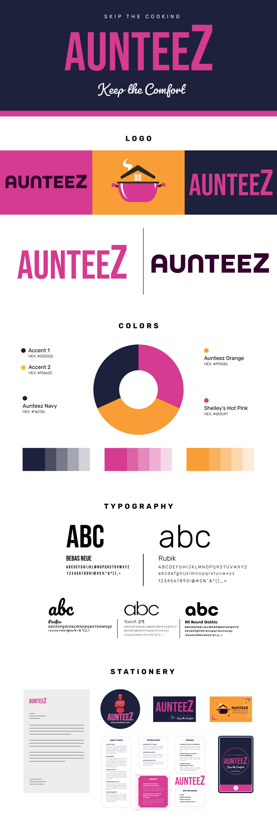 Brand board for AunteeZ showing logo, colors, text, and print choices